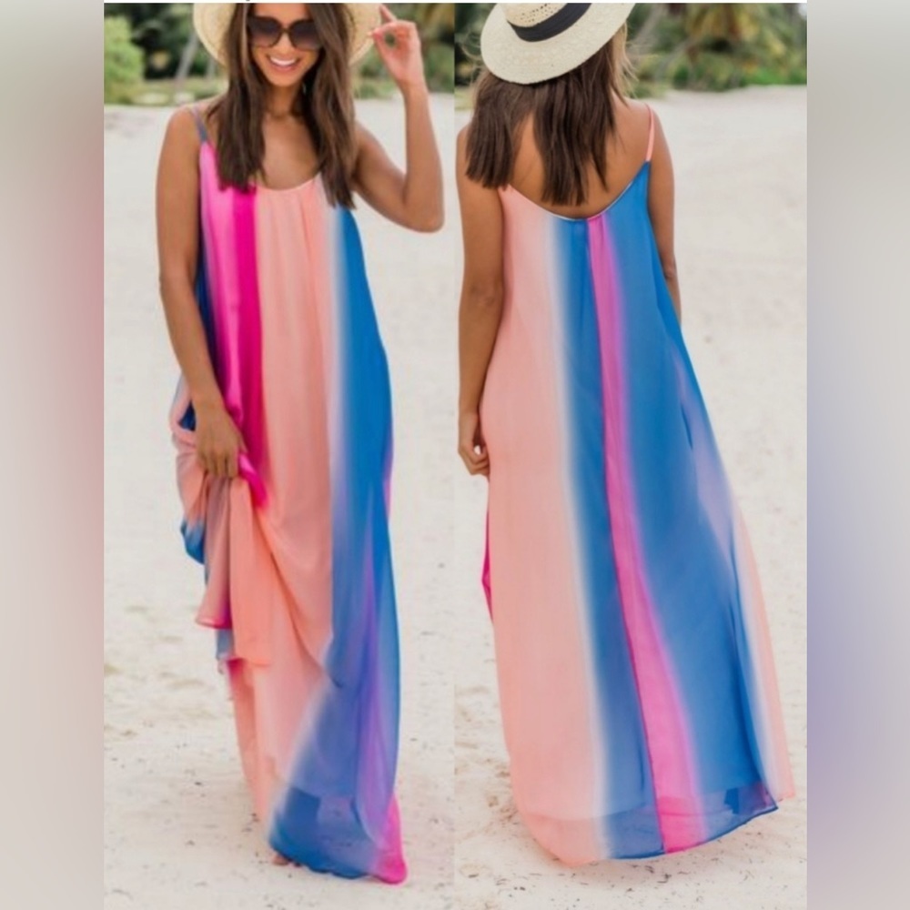 Pink Lily Oceans of Love Pink Blue Ombre Beach Summer Maxi Spaghetti Strap Dress
